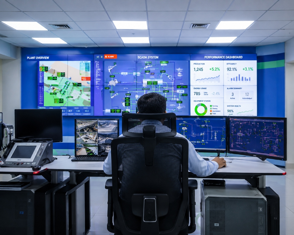 Operations control room with live performance dashboards