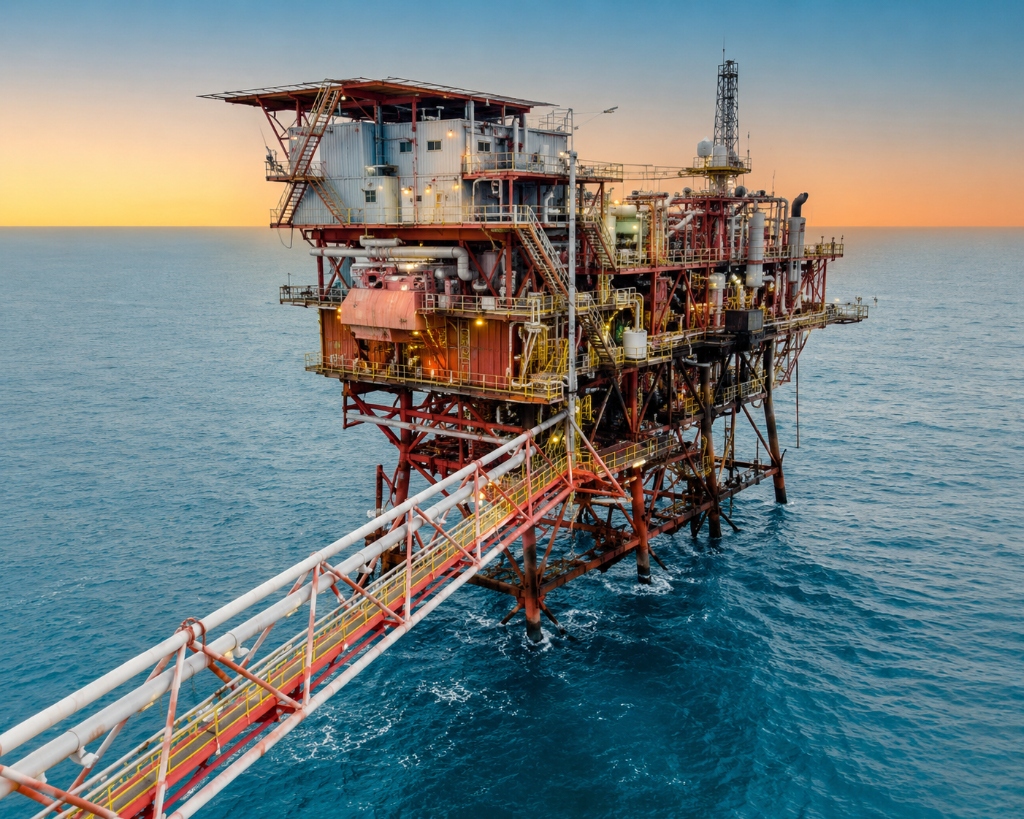 Offshore oil and gas platform with processing equipment and access walkways