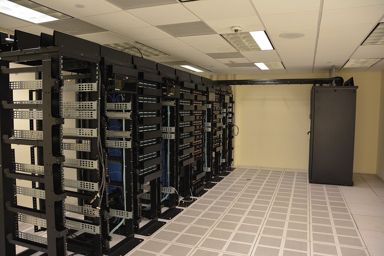 Rows of server racks inside a data centre